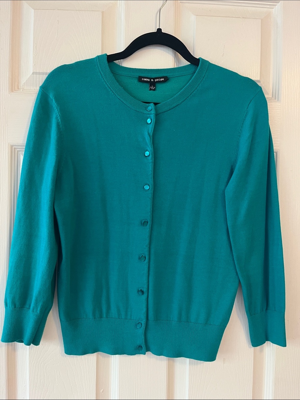 Cable & Gauge Teal Button-Front Crewneck Cardigan